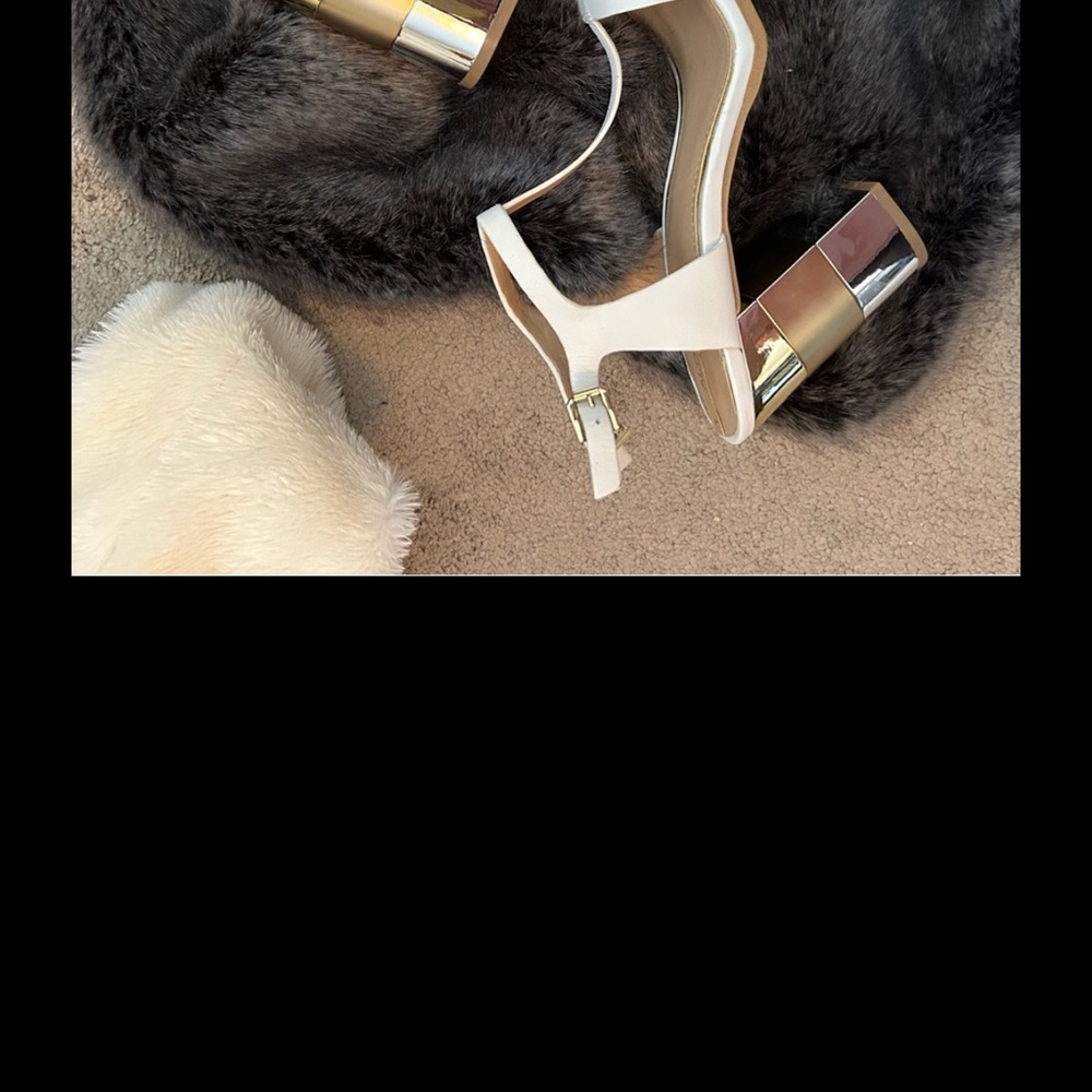 Elegant White Women's Sandals with gold bronze, stacked heel comfortable.